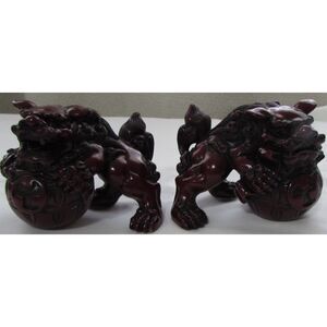 Vintage Chinese set of 2 Komainu / Shishi set foo dogs deep red